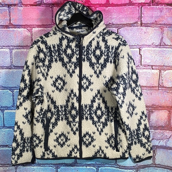 Old Navy Aztec Print Fleece Hoodie Men's Medium Cream Navy Zip Sherpa Jacket - Picture 1 of 7